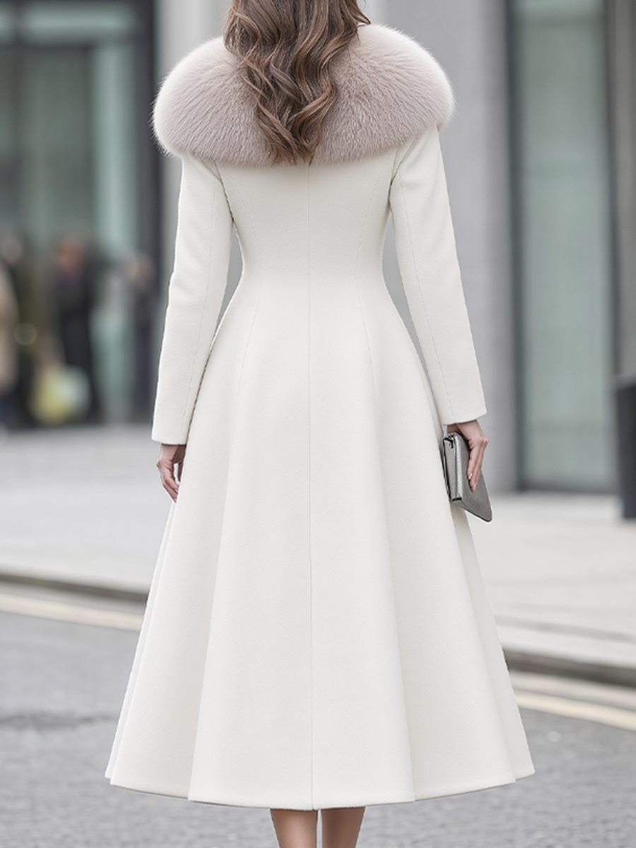 Ivory Faux Fur Shawl Collar Fit-and-Flare Long Coat