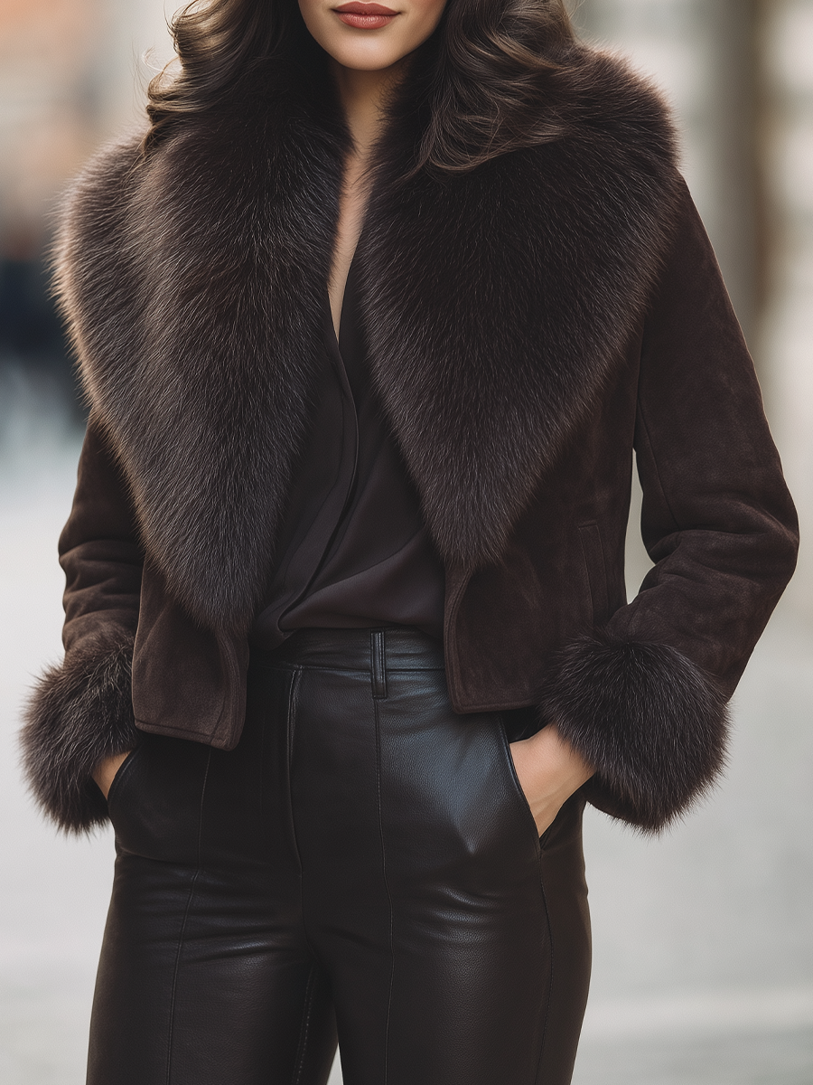 Chocolate Brown Suede Oversized Faux Fur Collar Cropped Jacket