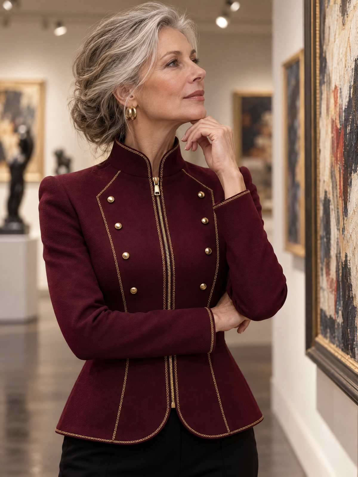 Stand‑Collared Gold‑Trim Peplum Cropped Jacket