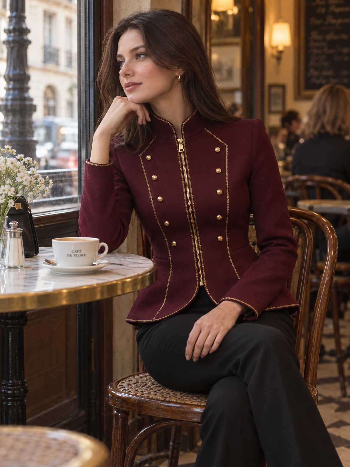 Stand‑Collared Gold‑Trim Peplum Cropped Jacket