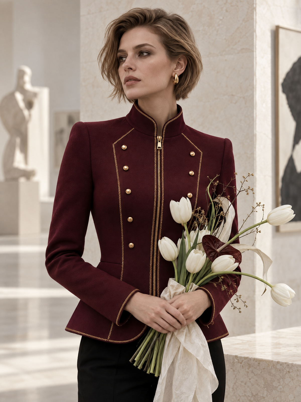Stand‑Collared Gold‑Trim Peplum Cropped Jacket