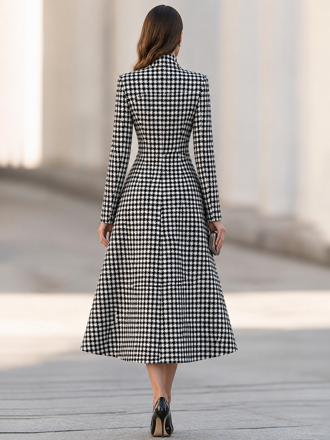 Houndstooth High-Neck A-Line Midi Dress Coat