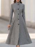 Houndstooth High-Neck A-Line Midi Dress Coat