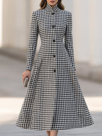 Houndstooth High-Neck A-Line Midi Dress Coat