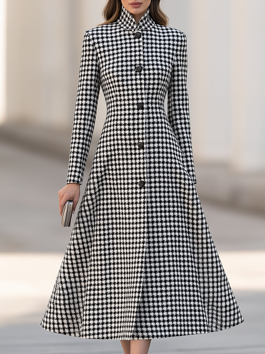 Houndstooth High-Neck A-Line Midi Dress Coat