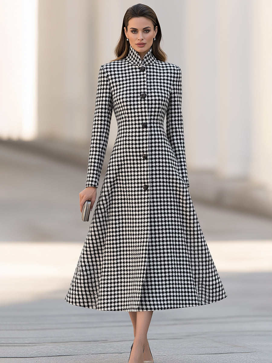 Houndstooth High-Neck A-Line Midi Dress Coat