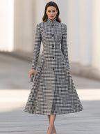 Houndstooth High-Neck A-Line Midi Dress Coat