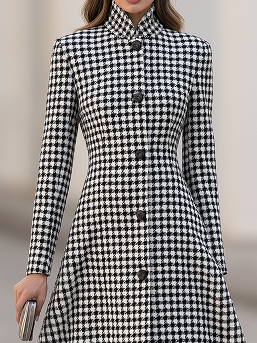 Houndstooth High-Neck A-Line Midi Dress Coat