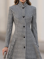 Houndstooth High-Neck A-Line Midi Dress Coat