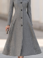 Houndstooth High-Neck A-Line Midi Dress Coat