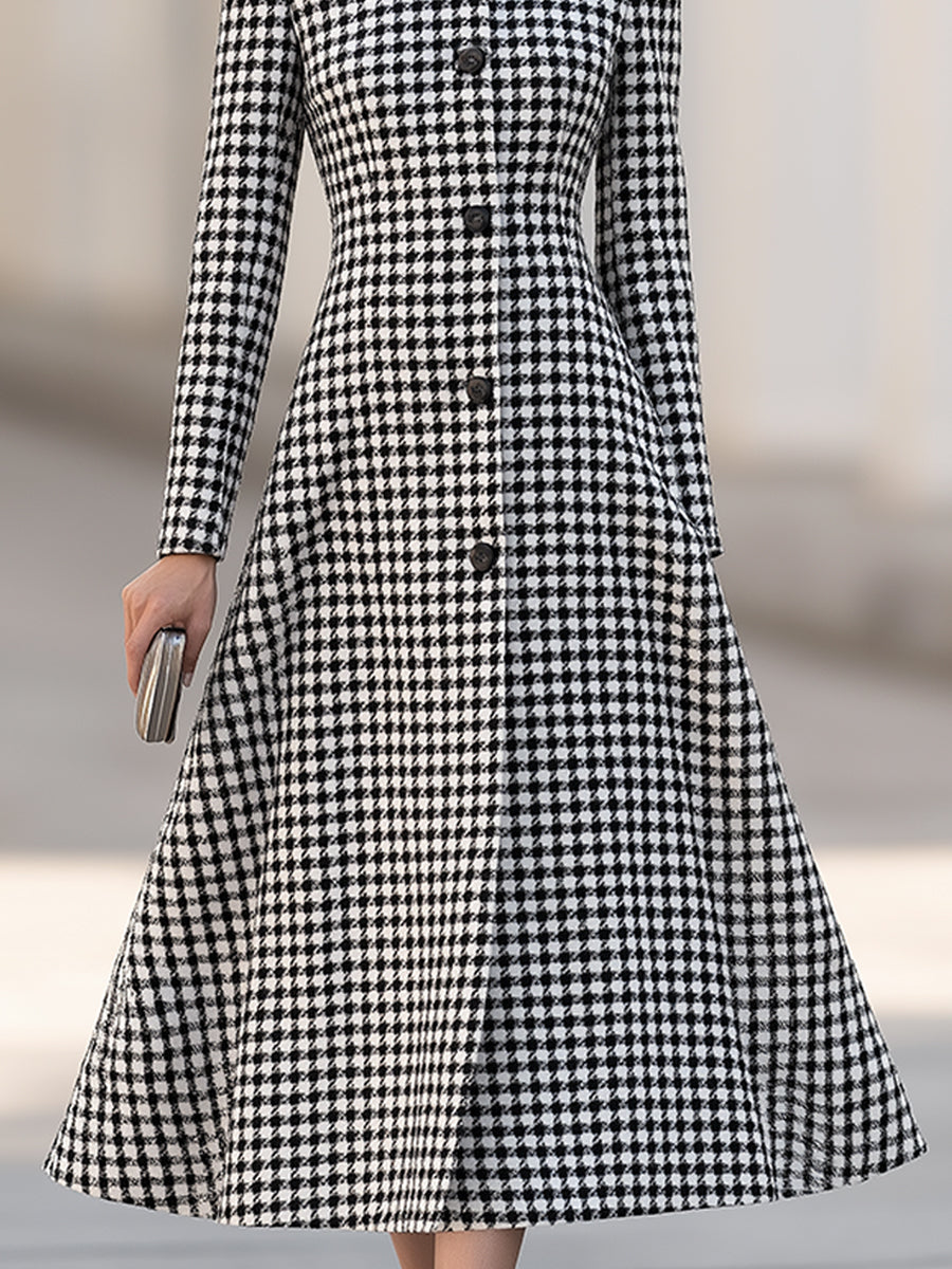 Houndstooth High-Neck A-Line Midi Dress Coat
