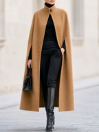 High‑Neck Single‑Button Wool‑Blend Long Cape Coat