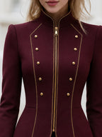 Stand‑Collared Gold‑Trim Peplum Cropped Jacket