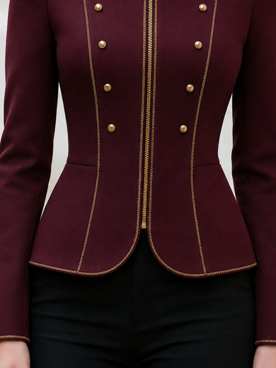Stand‑Collared Gold‑Trim Peplum Cropped Jacket