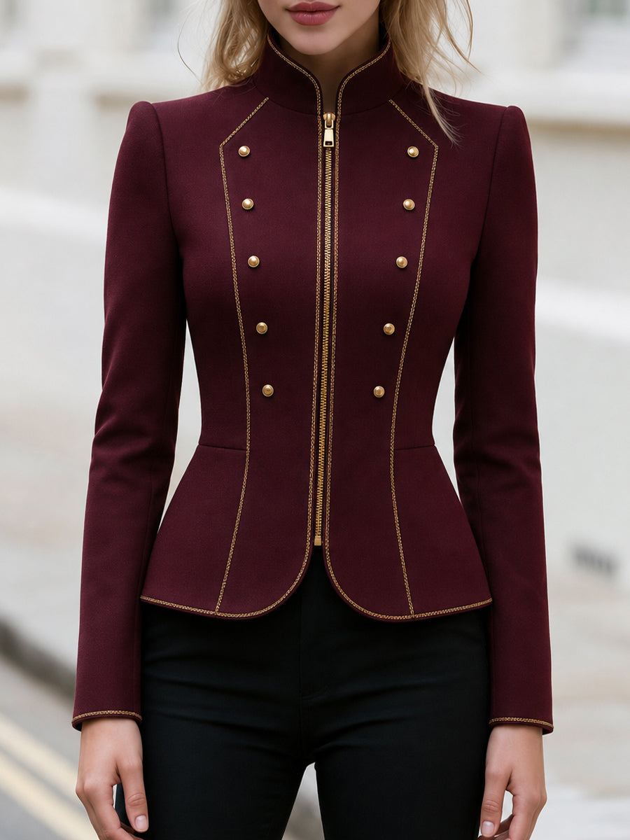 Stand‑Collared Gold‑Trim Peplum Cropped Jacket