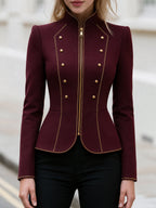 Stand‑Collared Gold‑Trim Peplum Cropped Jacket