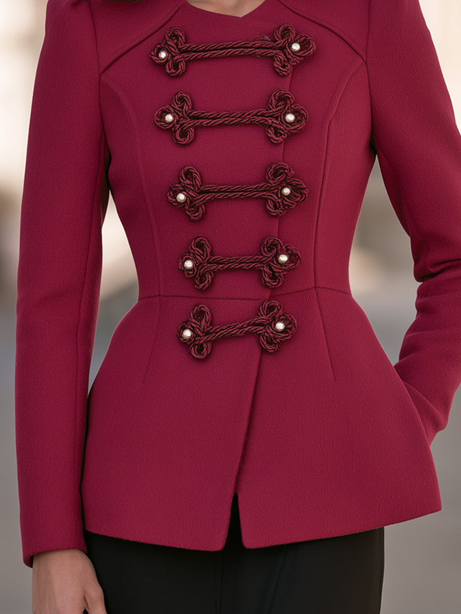 Frog-Button Military Peplum Jacket with Sculpted Waist