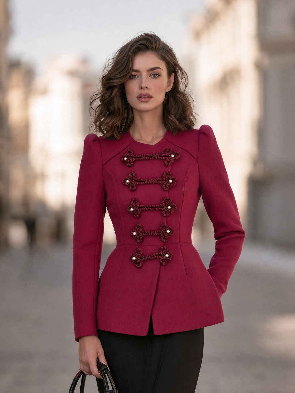 Frog-Button Military Peplum Jacket with Sculpted Waist