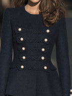 Pearl-Button Corded Military Peplum Jacket With Sculpted Waist