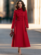 High-Collar Double-Breasted Fit-and-Flare Maxi Coat