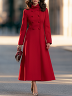 High-Collar Double-Breasted Fit-and-Flare Maxi Coat