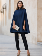 Elegant Stand-Collar Denim Cape Coat With Slit Sleeves
