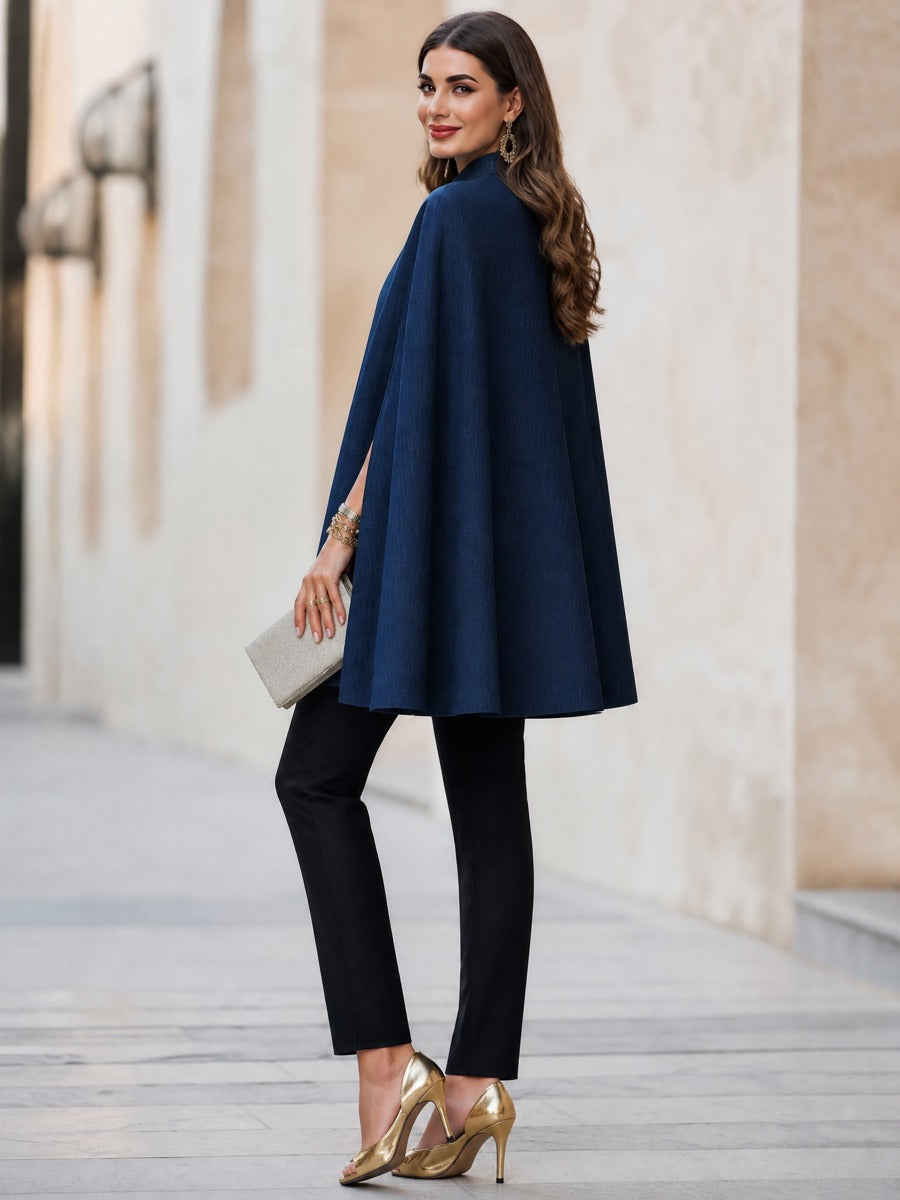 Elegant Stand-Collar Denim Cape Coat With Slit Sleeves