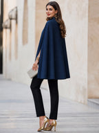 Elegant Stand-Collar Denim Cape Coat With Slit Sleeves