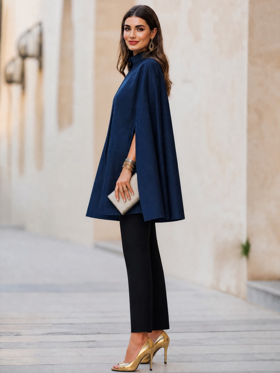 Elegant Stand-Collar Denim Cape Coat With Slit Sleeves