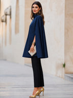 Elegant Stand-Collar Denim Cape Coat With Slit Sleeves