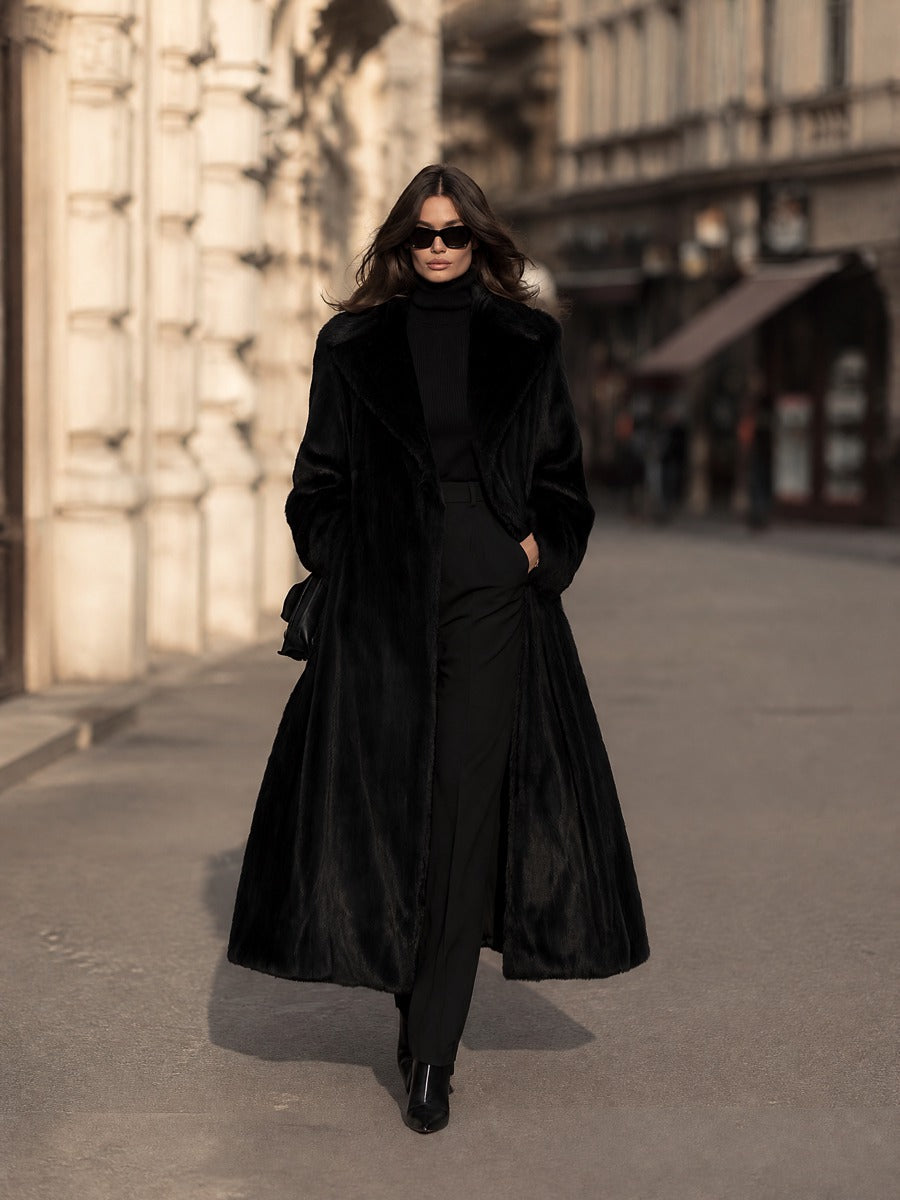 Women's Long Faux Fur Lapel Coat Elegant Oversized Winter Overcoat