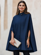 Elegant Stand-Collar Denim Cape Coat With Slit Sleeves