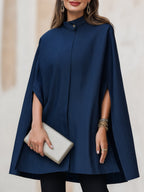 Elegant Stand-Collar Denim Cape Coat With Slit Sleeves