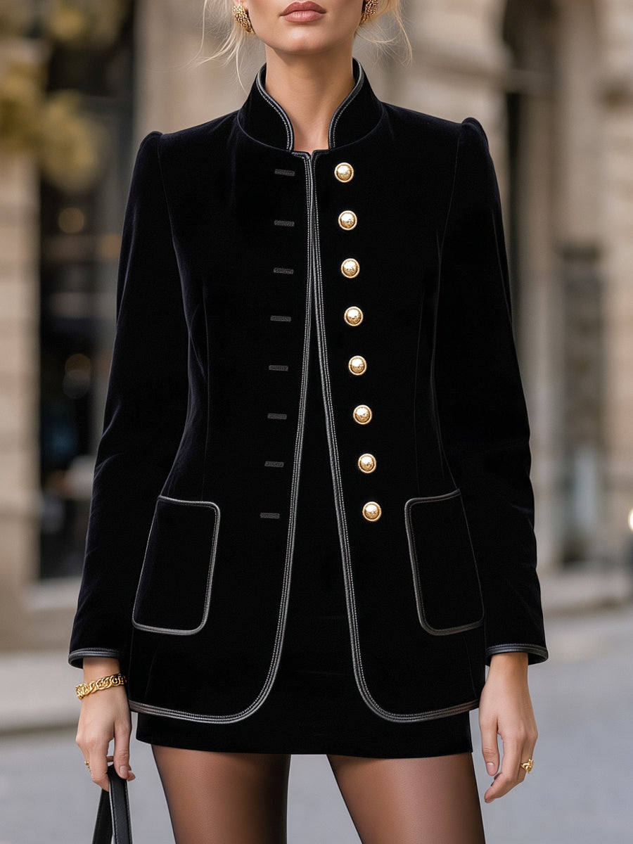 Stand Collar Gold-Button Velvet Tailored Coat