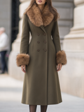 Olive Green Faux Fur Collar Double-Breasted Flared Long Coat