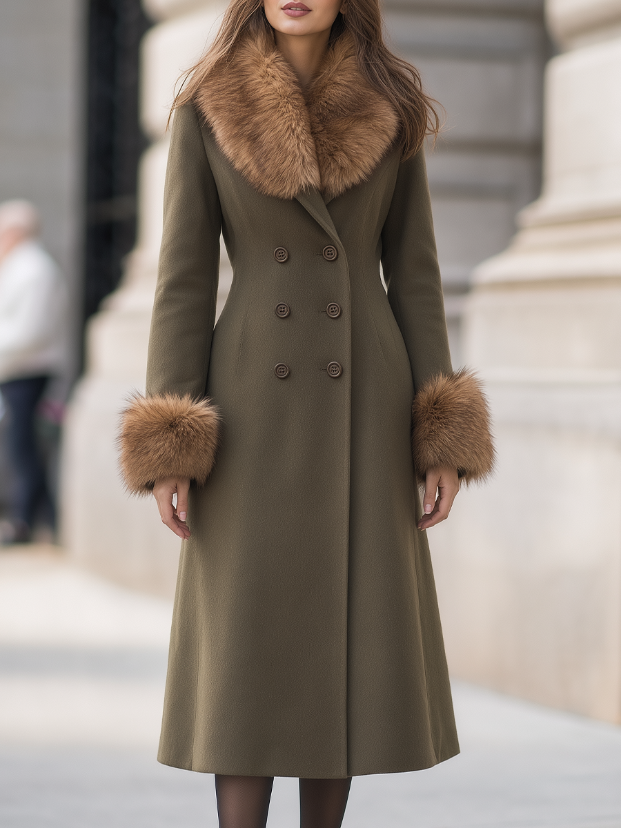 Olive Green Faux Fur Collar Double-Breasted Flared Long Coat