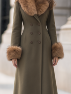 Olive Green Faux Fur Collar Double-Breasted Flared Long Coat