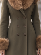 Olive Green Faux Fur Collar Double-Breasted Flared Long Coat