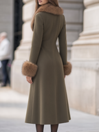 Olive Green Faux Fur Collar Double-Breasted Flared Long Coat