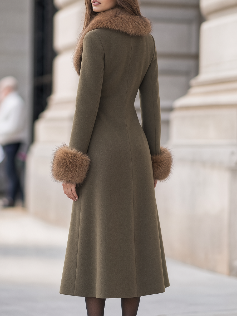 Olive Green Faux Fur Collar Double-Breasted Flared Long Coat