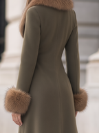 Olive Green Faux Fur Collar Double-Breasted Flared Long Coat