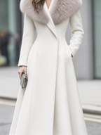 Ivory Faux Fur Shawl Collar Fit-and-Flare Long Coat