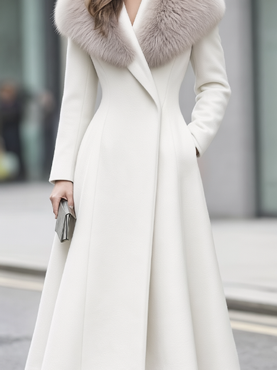 Ivory Faux Fur Shawl Collar Fit-and-Flare Long Coat