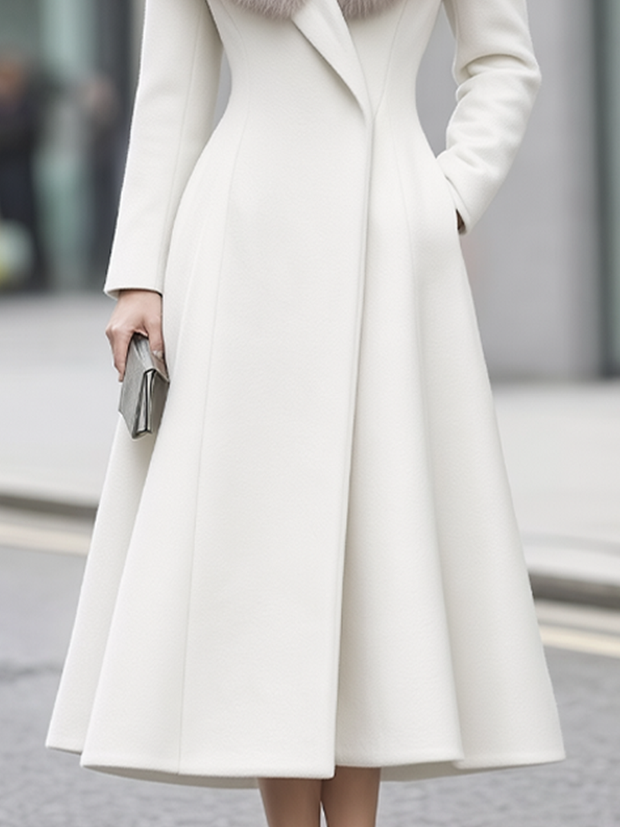 Ivory Faux Fur Shawl Collar Fit-and-Flare Long Coat