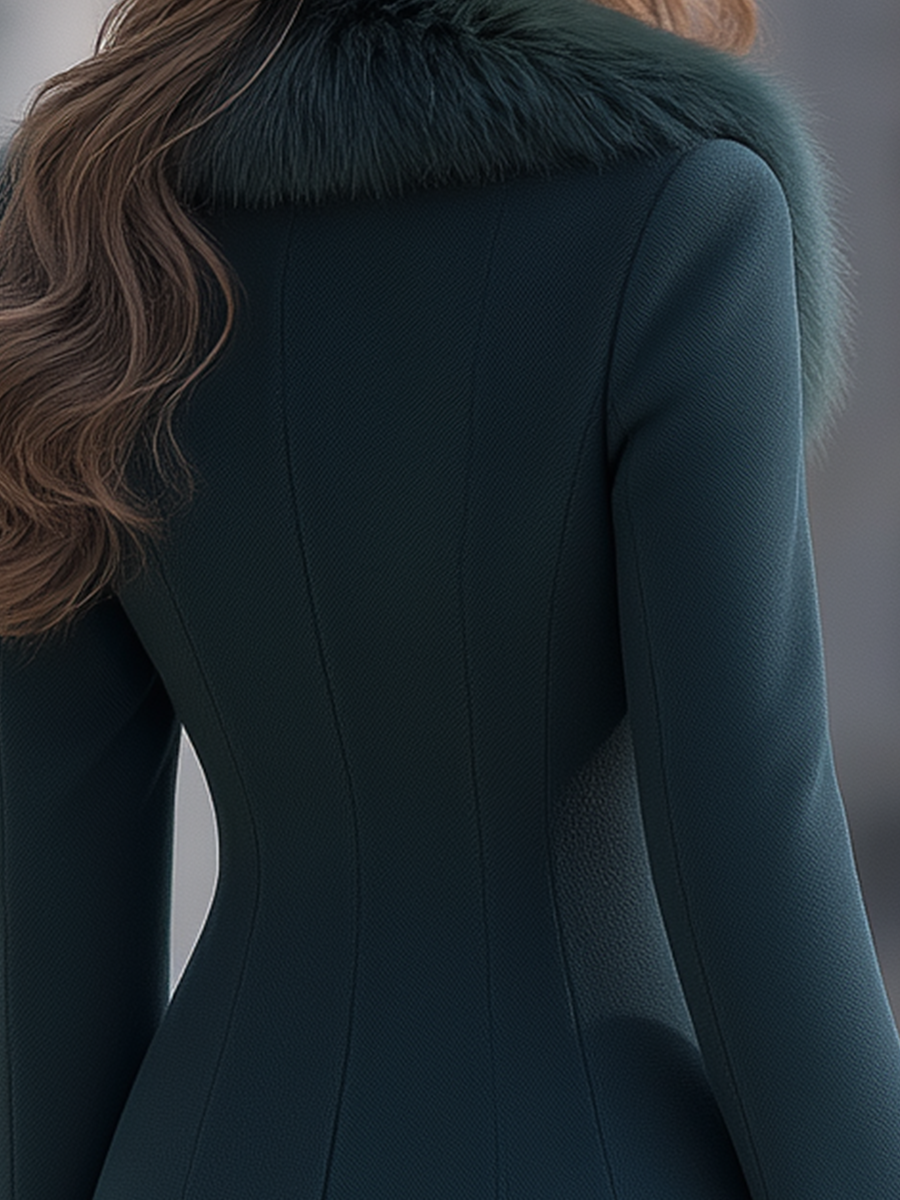 Deep Teal Faux Fur Shawl Collar Flared Sleeve Short Coat