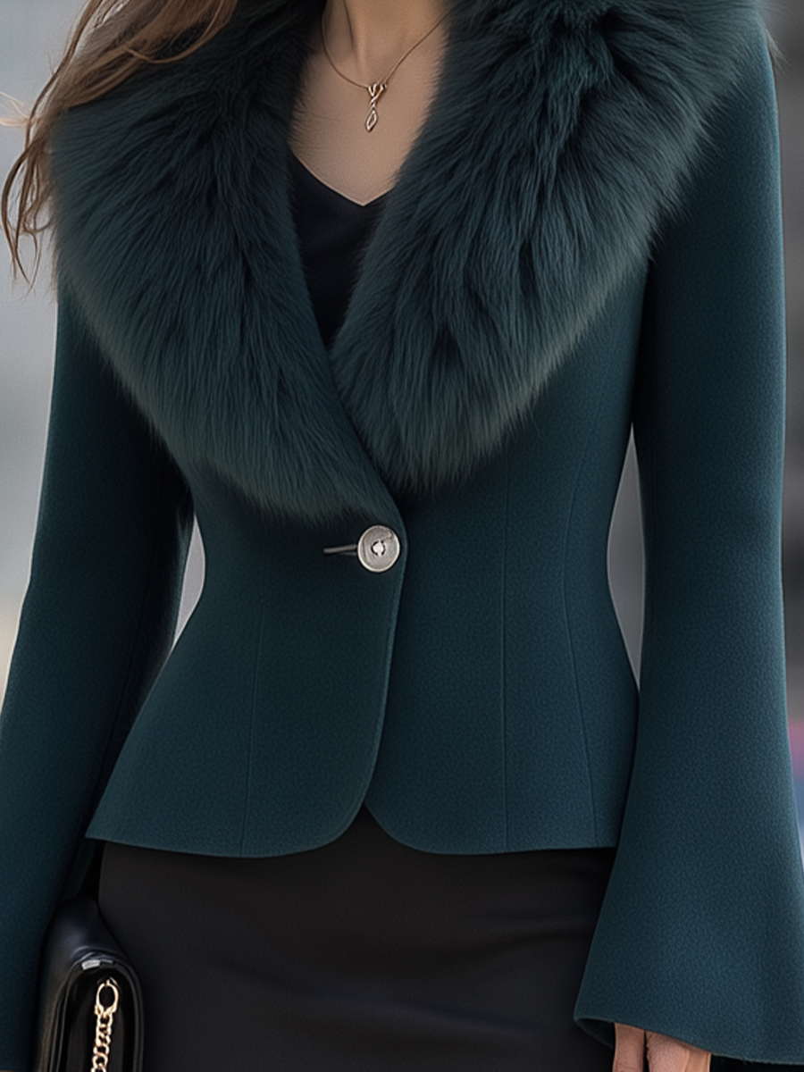 Deep Teal Faux Fur Shawl Collar Flared Sleeve Short Coat