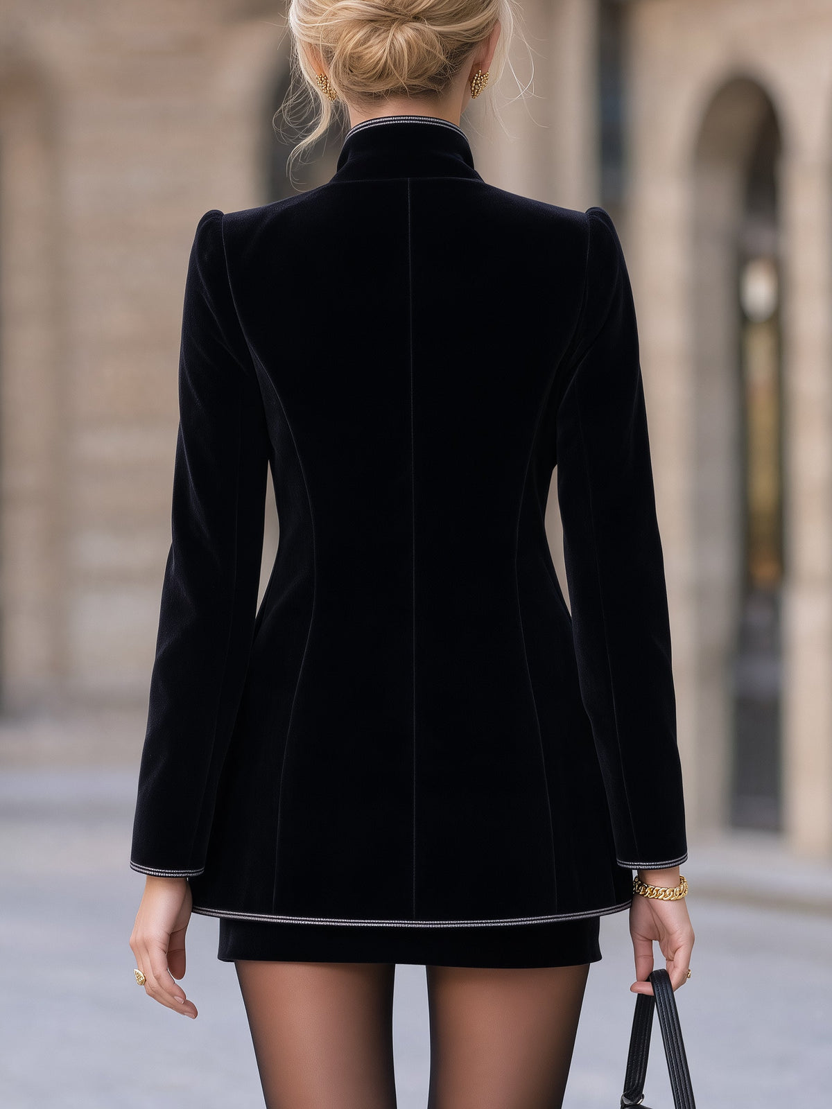 Stand Collar Gold-Button Velvet Tailored Coat
