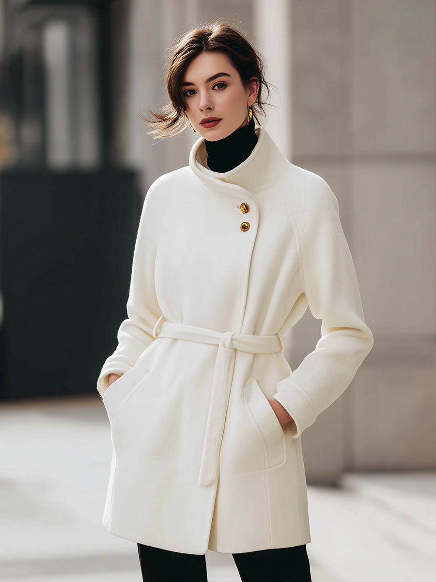 High-Stand Collar Belted Gold Buttons Woolen Coat