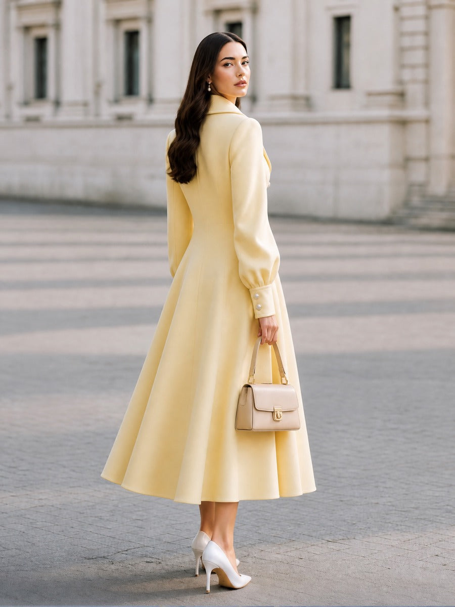 Elegant Double-Breasted Lantern Sleeve Long Coat Dress