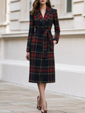 Plaid Wool‑Blend Wrap Midi Coat With Self‑Tie Belt